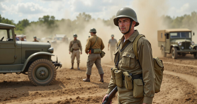 WWII reenactor observing battlefield scene with military vehicles, history