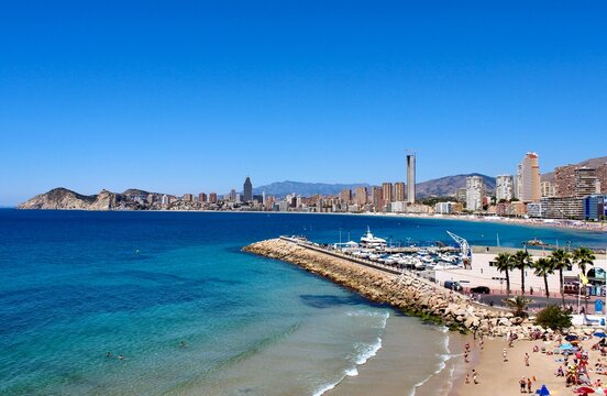 Poniente Beach seen from Mirador del Mediterraneo, Benidorm, Costa Blanca, Spain
