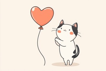 Adorable cartoon cat holding a heart-shaped balloon, set in a minimalist style against a light, clean background.
