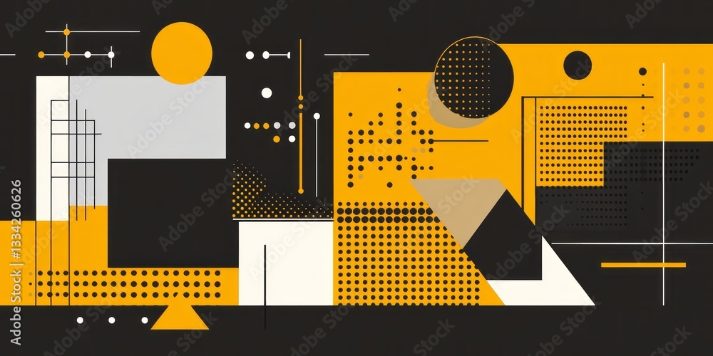 Poster abstract composition features geometric shapes dots and lines