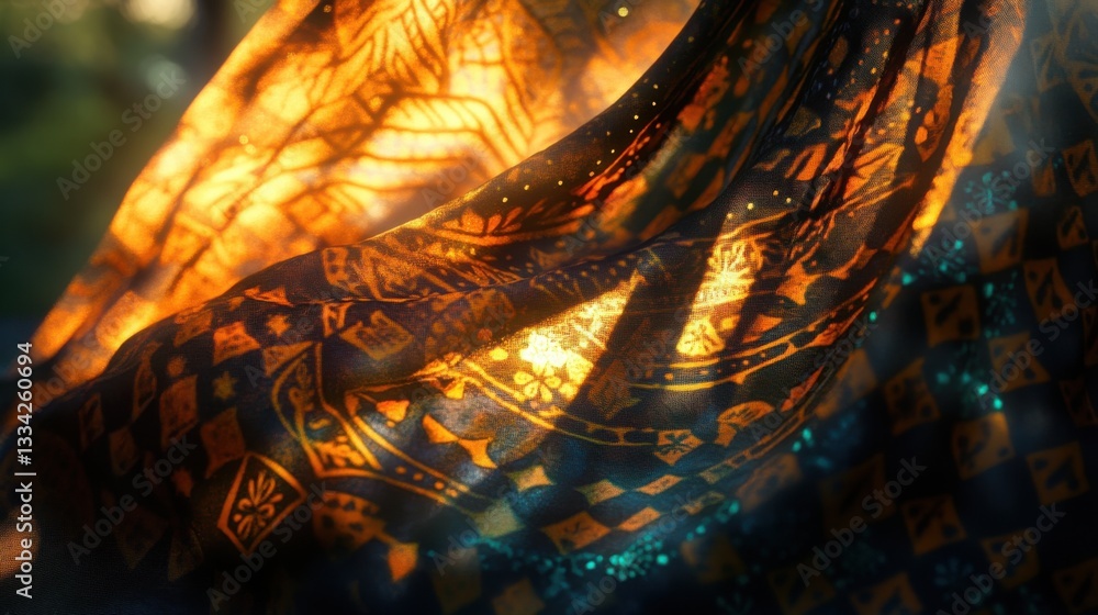 Poster colorful fabric flowing in gentle light with intricate patterns