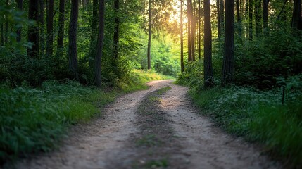 Fototapeta premium Two diverging forest paths: one overgrown, the other well-kept, symbolizing choices between tradition and progress