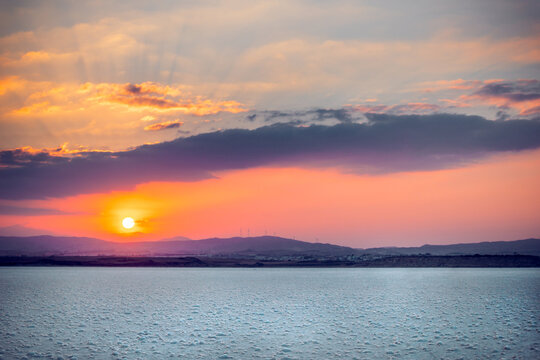 Orange Sunset over Larnaca Salt Lake, Cyprus, Greece