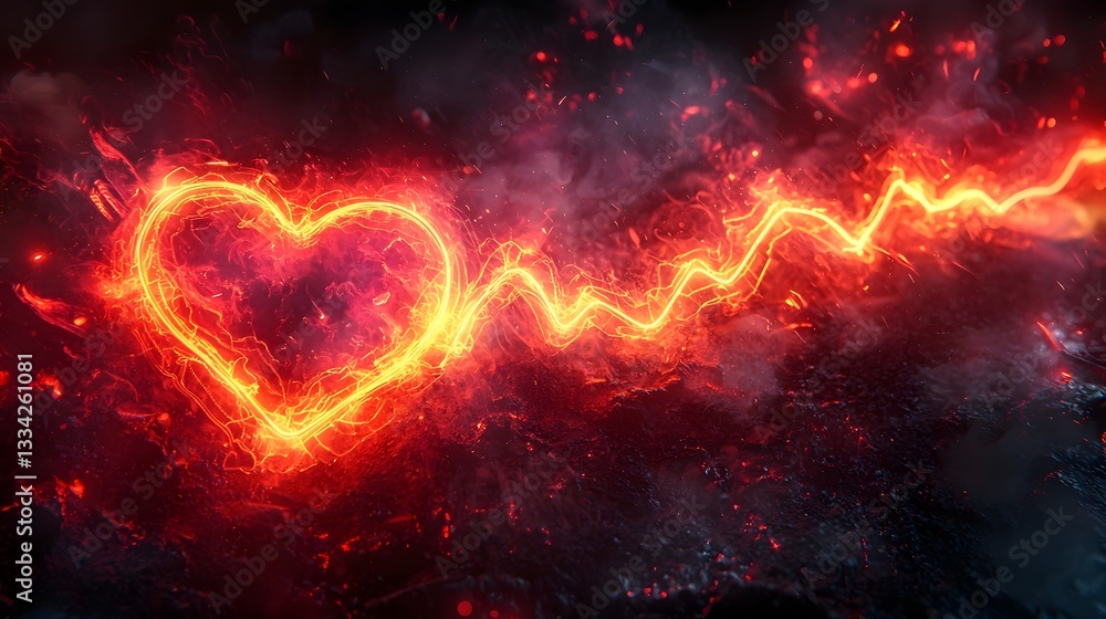 Poster glowing neon heartbeat pulsating on dark background with copy space