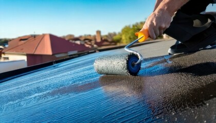 Using a roller brush to apply a waterproof coating to a rooftop. Generated image
