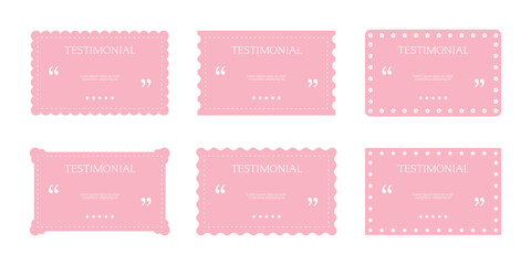 Cute pink testimonial template backgrounds for customer feedback review rating text message notes speech bubble quote empty space box rating star in simple minimalist layout