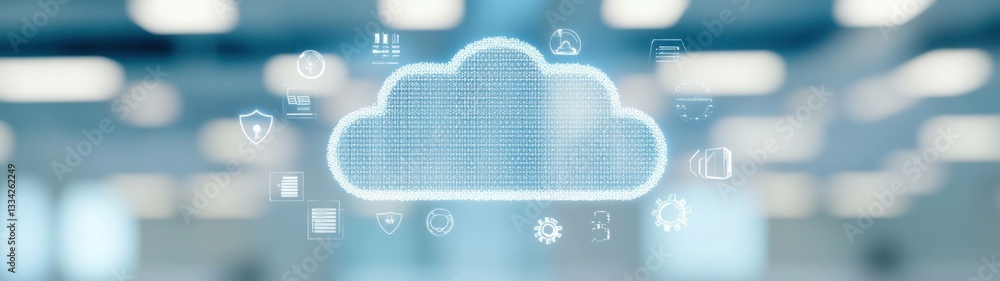 Poster modern digital cloud storage concept with cloud icons and data security symbols in a futuristic offi
