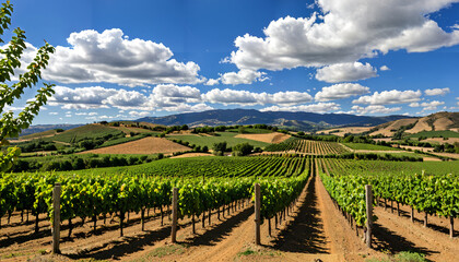Naklejka premium Paysage idyllique d'une vigne verdoyante sous un ciel bleu parsemé de nuages blancs