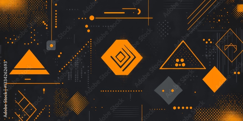 Poster abstract geometric composition features orange shapes and digital patterns