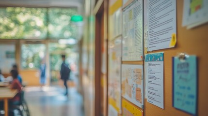Classroom bulletin board with announcements while students engage in learning activities during daytime