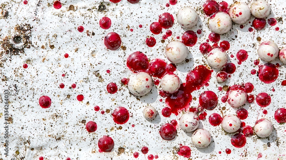 Aufkleber abstract background with red droplets and white spheres on a textured surface showcasing artistic pa