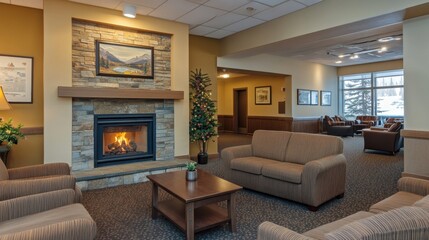 Cozy hotel lounge with stylish furniture, warm lighting, and a welcoming fireplace.