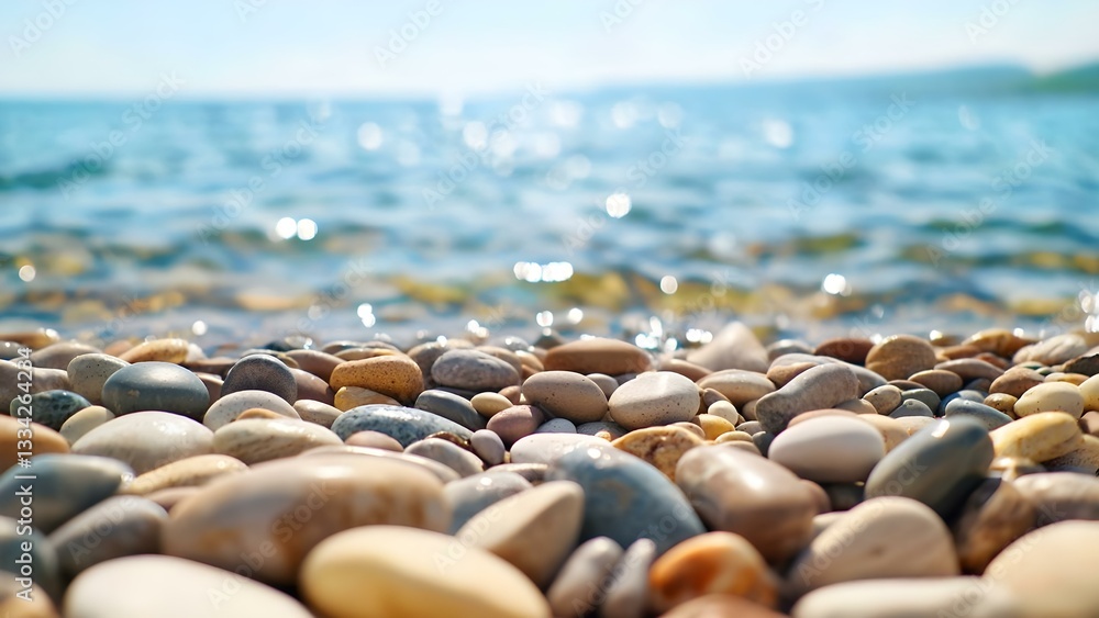 Poster a close-up view of a pebbly beach with smooth stones and sparkling water in the background. concept 