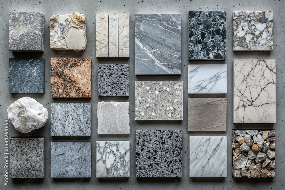 Poster a collection of various stone and marble samples showcasing different textures and colors.