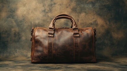 A leather duffel bag stands upright against a textured backdrop with ample empty space.