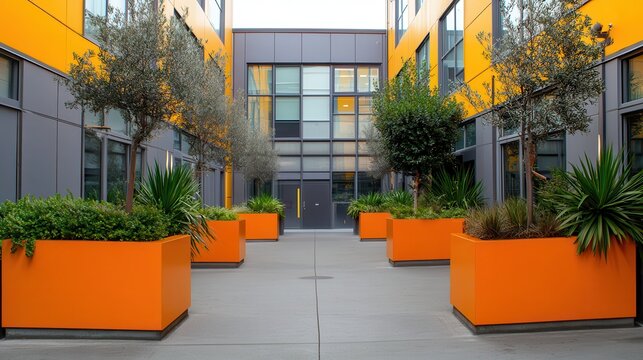 Modern courtyard Orange planters, building, plants