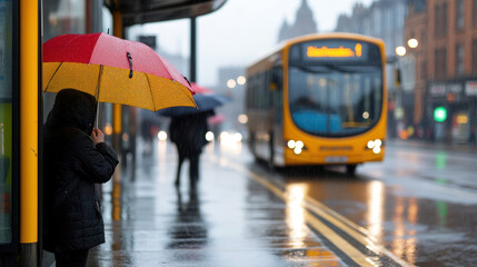 rainy city day with bus passengers huddled under umbrellas, waiting for transport. wet streets reflect vibrant colors of bus and umbrellas.