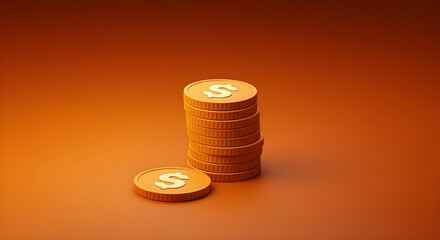 3D Dollar Coins Icon Stack on Orange Background