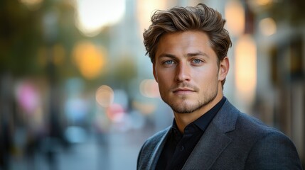 Fototapeta premium Handsome Young Man in City Setting, Portrait