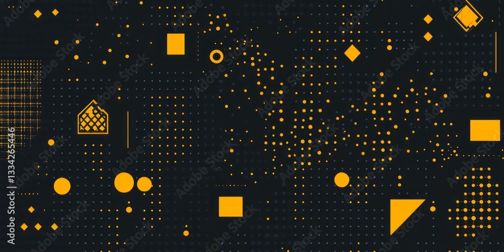 Poster abstract geometric shapes and dot matrix pattern in gold