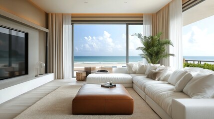 A luxurious modern beachside living room with soft beige curtains, a white sofa, and a sleek leather ottoman.