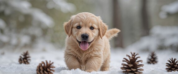 Cute Golden Retriever Puppy In Snow With Pine Cones.