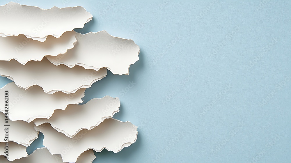Aufkleber textured white paper sheets arranged on a soft blue background creating a minimalist artistic compos