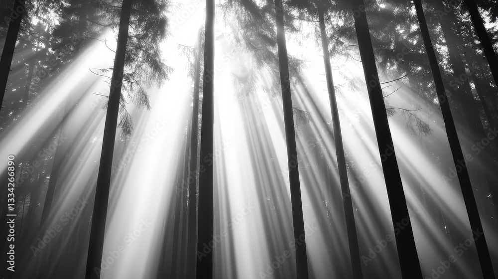 Poster a serene black-and-white image of tall trees with sunlight streaming through, creating a beautiful p