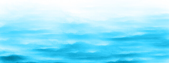 Light blue sea ocean water waves Watercolor painting of marine landscape Painted seascape background illustration texture with wavy pattern in banner header backdrop design Gradient blue white colors