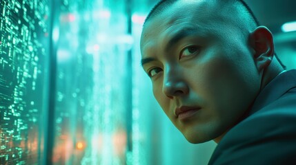 Mysterious Asian Man in Neon-Lit Data Center, Cybersecurity Specialist