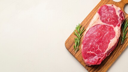 Raw Marbled Beef Steak on Wooden Board with Thyme