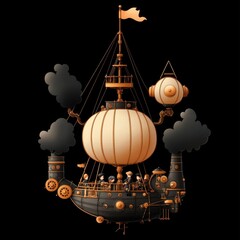 A whimsical steampunk airship with a large balloon and smokestacks, showcasing vintage design elements.