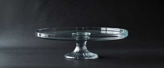 Clear Glass Rotating Cake Stand On Black Background.