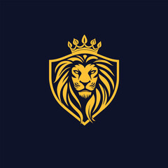 Fototapeta premium Vector logo of a lion's head with a crown on a shield, in gold color on a dark blue background