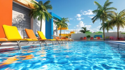 Obraz premium Hotel pool bar with submerged seating, serving colorful tropical cocktails under the sun.