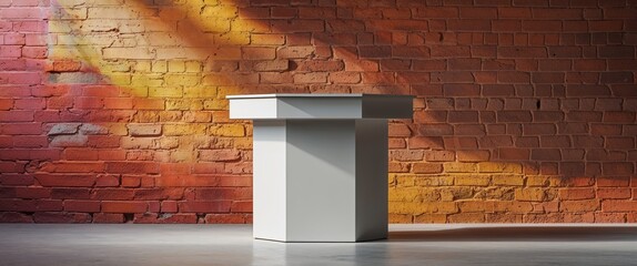 Modern urban podium display with colorful brick wall background and lighting