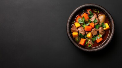A hearty dish featuring tender meat and colorful vegetables in a rich broth.