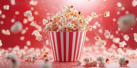 Popcorn explodes from striped bucket against a vibrant red background creating a playful snack atmosphere