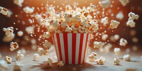 Popcorn bursts from a striped container during a lively celebration in a cozy indoor setting