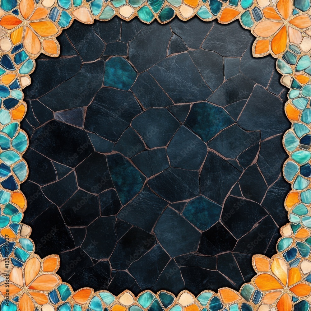 Poster decorative mosaic frame with vibrant colors and intricate patterns surrounding a dark central area.