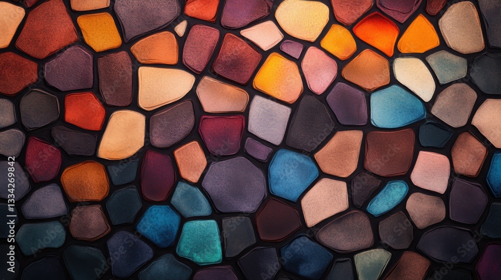 Poster colorful mosaic pattern made of irregular stone shapes creating a vibrant and artistic texture.