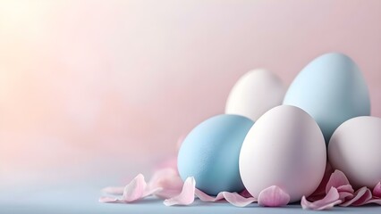 Colorful eggs arranged on a soft background, surrounded by delicate pink petals. Concept Colorful Easter Eggs, Floral Arrangements, Soft Background Aesthetic, Springtime Decor, Delicate Petal Details