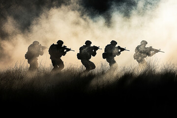 Elite soldiers advancing through a battlefield, silhouetted against a dramatic dust-filled sunset, tactical military operation in action.