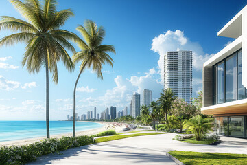 Obraz premium luxury beachfront cityscape with palm trees, modern high-rise buildings, and a scenic ocean view under a bright blue sky