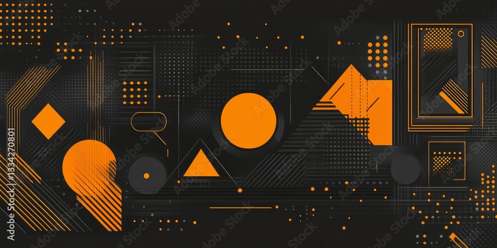 Poster geometric shapes and patterns in orange and black create design