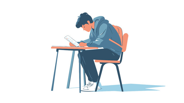 A digital illustration depicts a young male student sitting at a simple wooden desk and chair. He is hunched over, deeply concentrating on some papers on the desk.  The style is vector-based, with