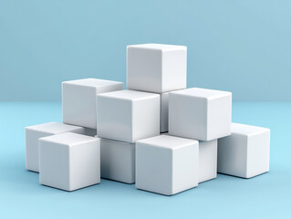 3d rendering of white cube boxes stacked in different shapes and sizes,