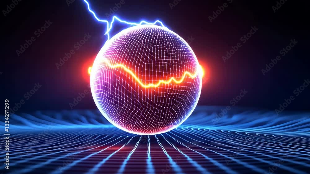 Poster glowing electrified sphere emitting vibrant energy waves and electric sparks above dynamic grid surf