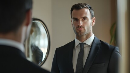 Good looking man wearing suit and tie looking mirror, confident male reflection