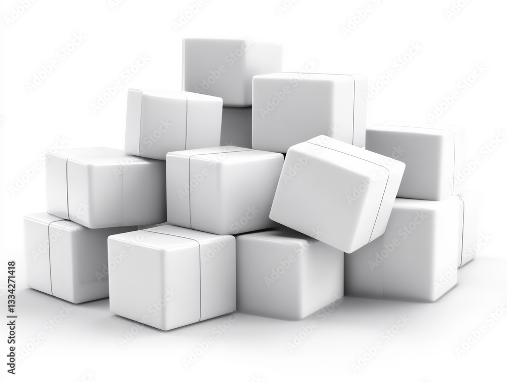 Poster 3d rendering of white cube boxes stacked on top of each other,